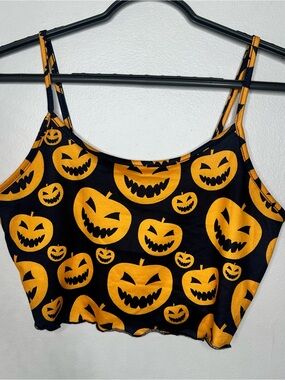Pumpkin Jack-o'-Lantern Cropped Tank Top Small - Black & Orange